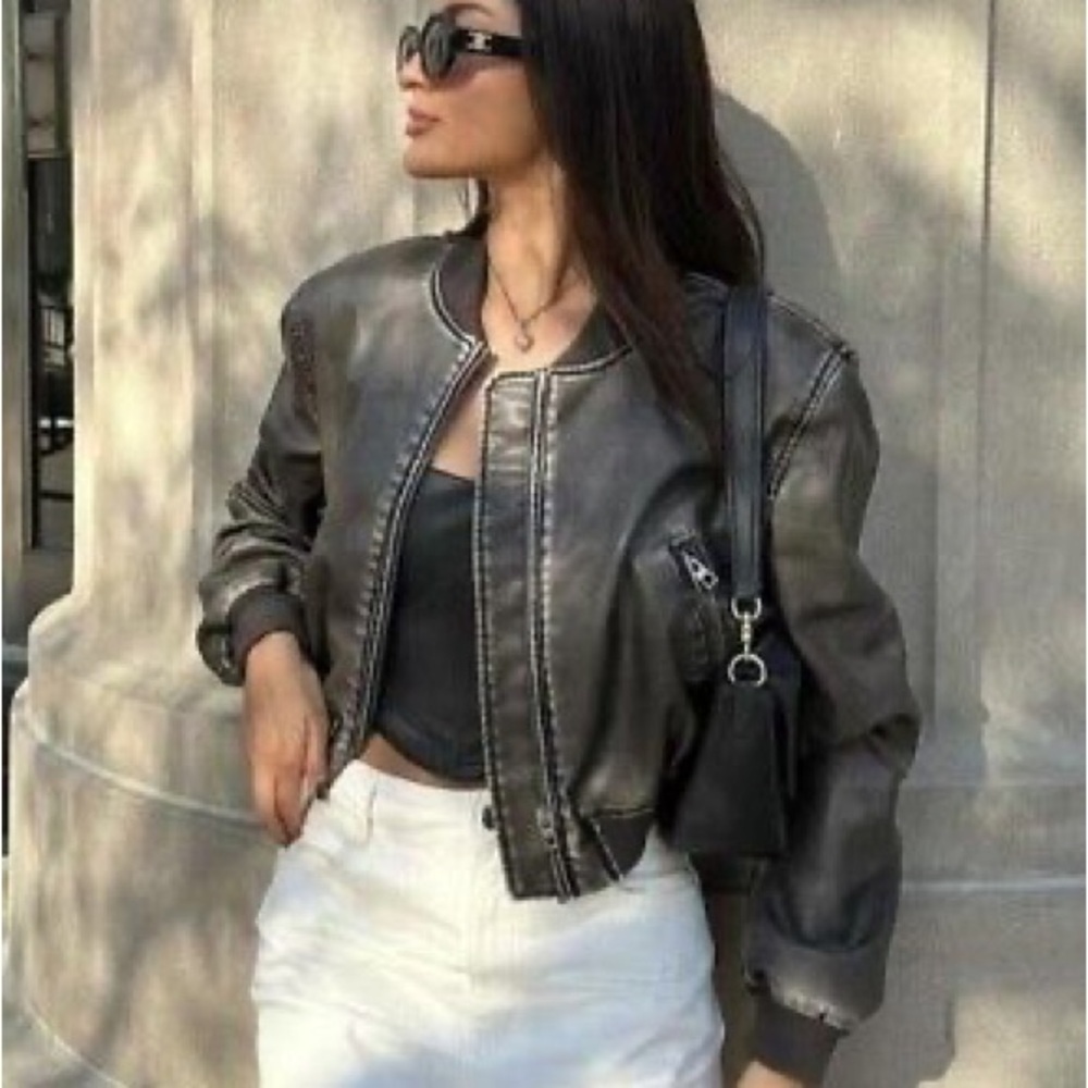 Zara Cropped Leather Bomber Jacket